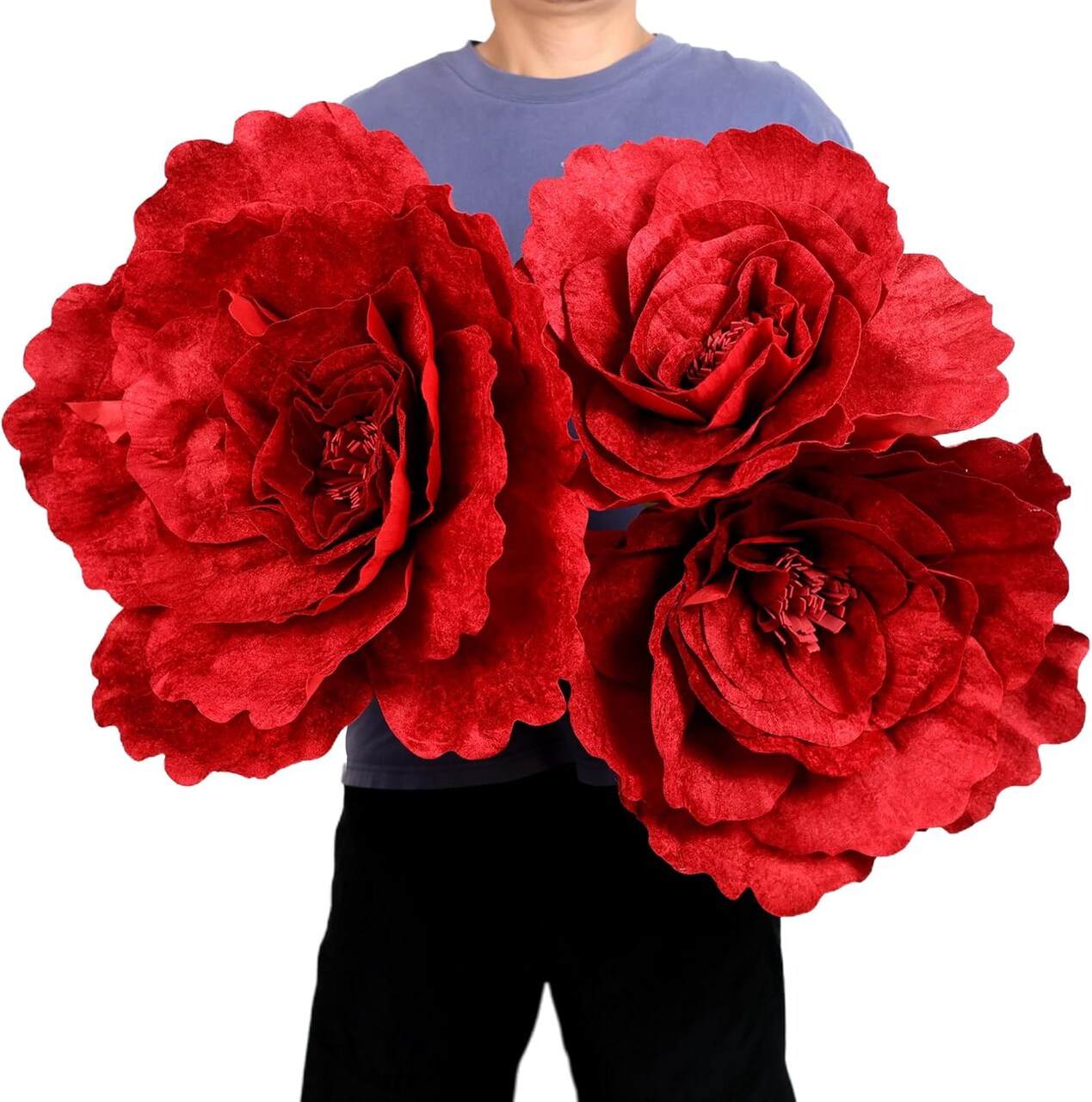 Giant Red Velvet Rose Set of 3 Large Artificial Flower Props for Wedding Event Decor